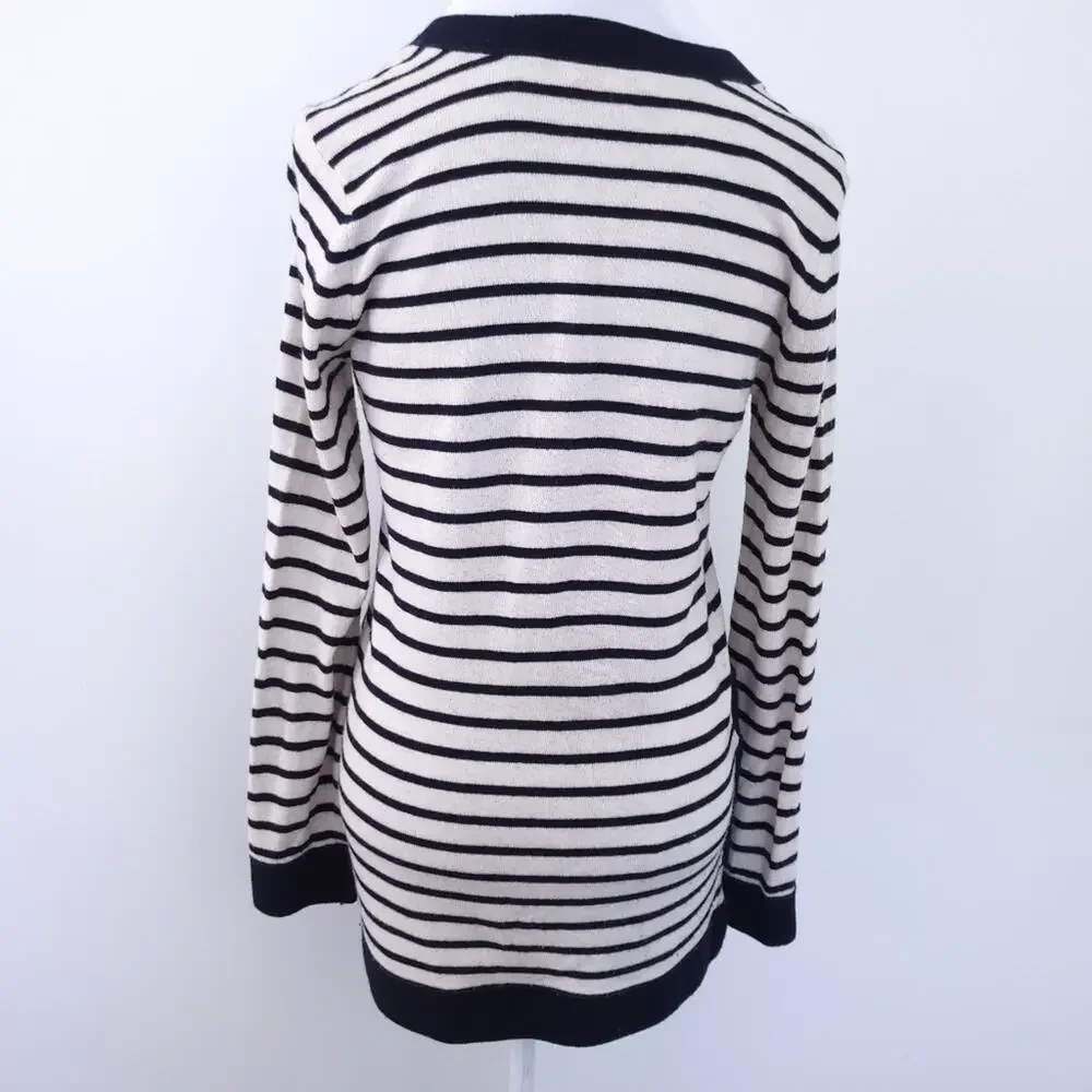 Tory Burch Striped Sweater Small Navy, Cream Wool Cashmere Model Blend, Vneck